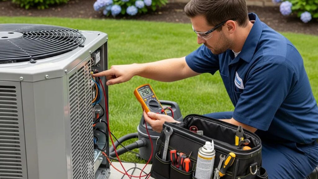 HVAC technician inspecting air conditioning unit during professional tune-up service with multimeter.