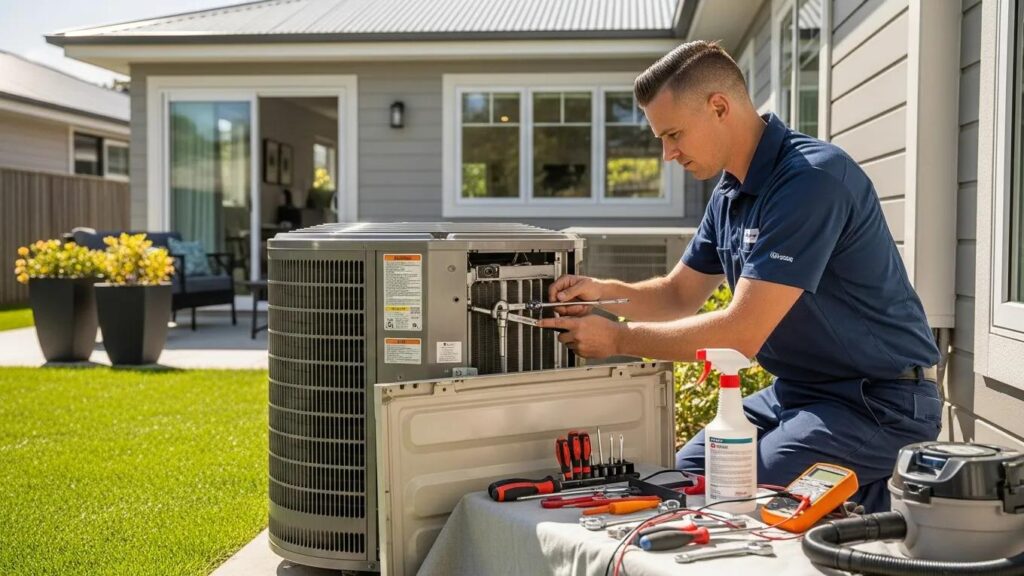HVAC technician performing air conditioning maintenance in a Waco, Texas home.