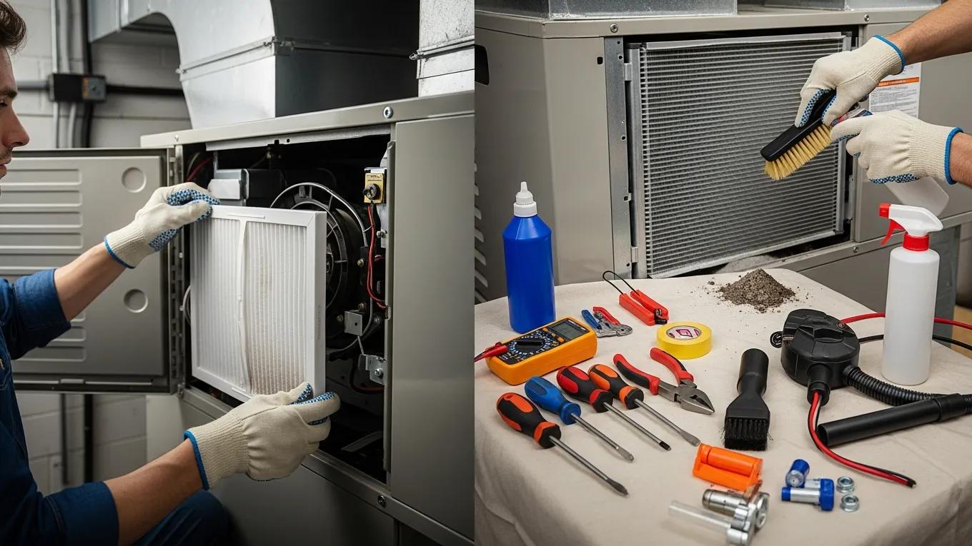 Technician performing cleaning and maintenance tasks on an air conditioning unit