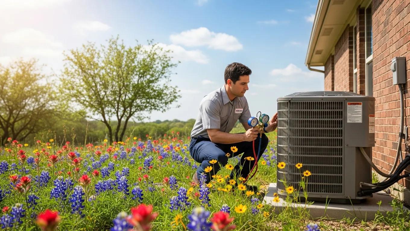 Technician performing seasonal maintenance on an air conditioning unit in Central Texas