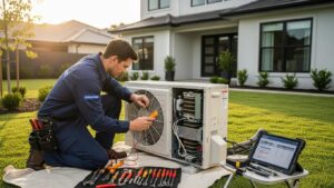 Technician repairing an air conditioning unit in a residential home